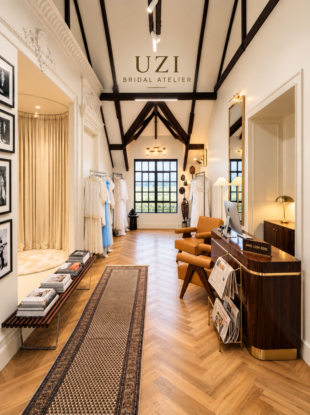 Inside Uzi Bridal Atelier — gowns on rails, a fitting nook and the consultation desk